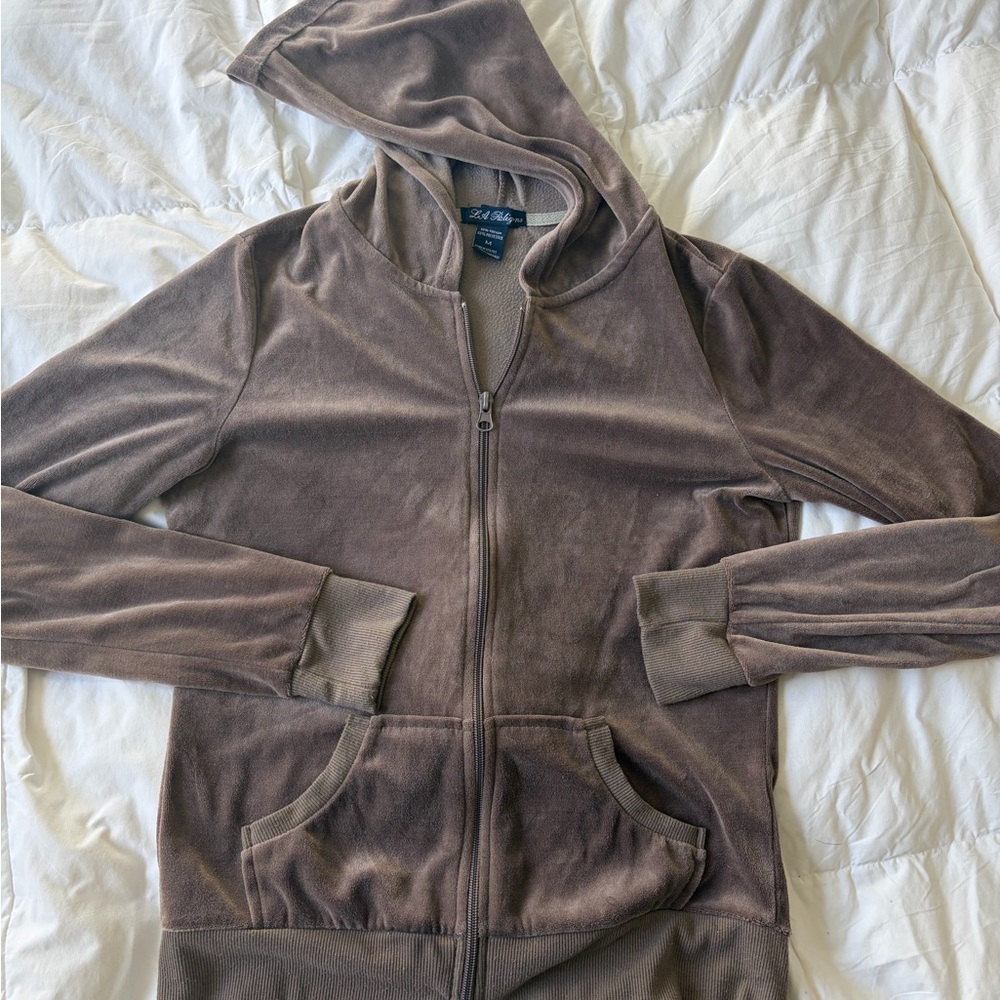 Y2K Velour ZipUp Hoodie Jacket, Taupe Brown, Vintage 2000s Aesthetic